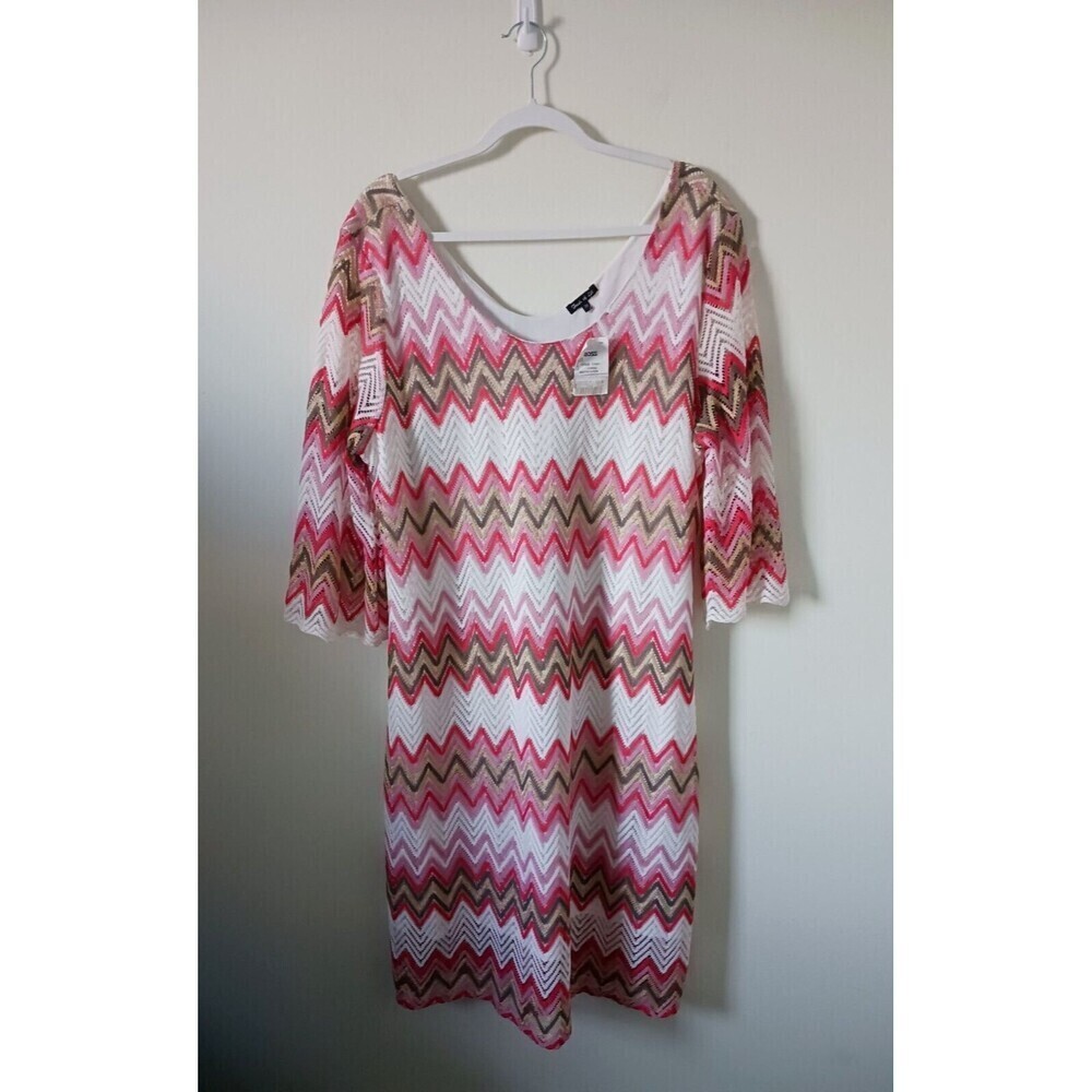 Fresh of LA Plus Size Boho Crochet Chevron Dress Pink Cream 3/4 Sleeve 3X
